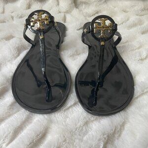 Tory Burch Black Sandals with Gold Logo